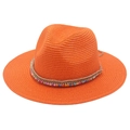 Orange ethnic style Fedora straw hat with colorful beads and sun protection brim - One Size / Orange