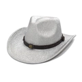Cappello da cowboy con paillettes argento e cinturino in pelle borchiata su bianco - M(56-58cm) / Argento