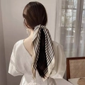 Elegant black and white diagonal striped silk scarf styled as a ponytail hair ribbon - Letter Striped Small Square Scarf / 65
