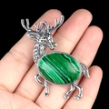 Silver deer brooch pendant with green malachite gemstone inlay for women - Malachite (Synthetic)