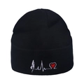 Black knit beanie featuring white heartbeat embroidery with a small red heart accent - White EKG Embroidery / Black