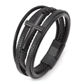 Men's multilayer black braided leather bracelet with metal cross and magnetic clasp - Black Leather Black Buckle