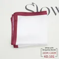 Detail of white silk pocket square with burgundy rolled edges measuring 22cm x 22cm - White with Burgundy Edge