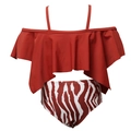 Détail du haut de bikini à volants terre cuite et bas taille haute imprimé zébré - 152 / Brun Une-Épaule