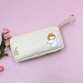 Minimalist beige canvas pencil case with cute cartoon girl illustration and handle - Learning Girl (Beige)