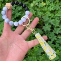 Detail of printed lemon tassel and marble beads on a DIY beaded wristlet keychain - Lemon Printed Tassel Black White Marble Beaded (款31)