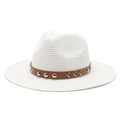 Foldable white woven western cowboy hat with brown studded faux leather band and metal v-accents - M (56-58cm) / White
