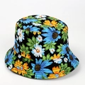 Reversible bucket hat with sunflower print on black canvas for sun protection - M(56-58cm) / Floral Black Blue