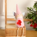 Angelo di Natale in peluche rosa con gambe lunghe, ali d'argento e un fiore di stoffa - Fata Angelo Rosa / Rosa