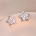 Silver flower stud earrings with zircon marquise petals on elegant silk background - Five-Petal Flower Style (E0243)