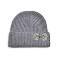 Detailed view of dark grey ribbed knit beanie featuring a sparkling rhinestone bow - Rhinestone Ribbon / Light Gray