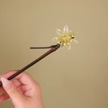 Bamboo style wooden hair pin with a delicate yellow flower and white bead accents - Clear Yellow Flower (S392)