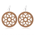 Detailed view of hollow floral wooden earrings with metal hooks on white background - #13 Round Petal Hollow Style