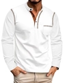 Herren Langarm-Polohemd in Weiß mit brauner Kontrastleiste und Taschendetails - S / Weiß