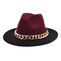 Detail of burgundy and black fedora hat with a chunky gold chain strap decoration - M (56-58cm) / Wine Red + Black