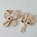 Detailed view of beige fleece scarf and mittens set with cute brown bear embroidery - One Size / Scarf Mittens Set / Khaki
