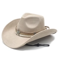 Beige faux suede western cowboy hat with turquoise star ornament and chin strap - Beige