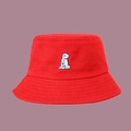 Detailed close-up of a red cotton bucket hat featuring a blue dinosaur embroidery - One Size / Red
