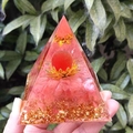 8cm Pink Rose Quartz Crystal Pyramid with Lotus and Gold Foil in Resin Ornament - 8cm / Red Cat's Eye Watermelon Crystal Lotus