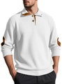 Men's white long sleeve knit polo sweater with contrasting brown faux leather elbow patches - S / White