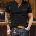 Men's black short sleeve Henley polo shirt with contrast brown stitching and chest pocket - S / Tops / Black