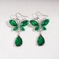 Exquisite silver drop earrings with green crystal butterflies and teardrop pendants - Ear Hook - Green