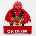 Red Christmas knit beanie featuring reindeer patterns and Oh Deer embroidery with pom pom - Hat Style 1 (Red Reindeer)