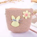 Pink woven mini bucket bag for girls featuring a cute yellow bunny and flower applique - Little Rabbit / Pink