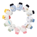 Set di 10 moffole per neonati in cotone con polsini a costine colorati e stampe cartoon - Muffole a Costine con Stampa del Fumetto