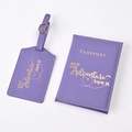 Detail of purple PU leather passport holder and luggage tag set with gold foil adventure text - Purple