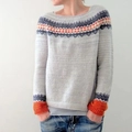 Close-up of color-block geometric knit pattern on gray round neck sweater - 3XL / Tops / 9137# Light Gray