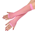 Detailed macro view of pink fishnet fingerless gloves showing the mesh texture and fit - One Size / Pink