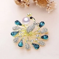 Golden peacock brooch with blue-green gems and white pearl inlay on fabric - YNCP0330 Peacock / 43*43mm / White Teal