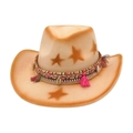 Ethnic style beige western cowboy hat with brown stars, woven band and shell tassels - One Size / Beige (LM0891)