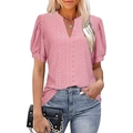 Pink V-neck eyelet top with puff sleeves and lace embroidery for summer fashion - S / Pink