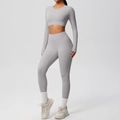 Close-up of seamless light grey nylon athletic yoga set with crop top and leggings - S / Top And Bottom / Frost Grey
