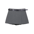 Gray pleated skort with black faux crocodile texture belt on a clean white background - XS / Gray