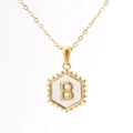 18K gold-plated hexagonal initial necklace featuring a white letter B pendant - With Chain / Gold - Letter B