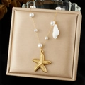 Gold plated starfish and seashell pendant necklace with elegant white pearls for women - Starfish Conch Pearl Style (N3583)