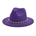 Detail of purple wool fedora hat with decorative gold and black metal chain link band - Purple