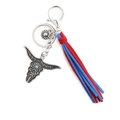 Bohemian bull head keychain with vintage silver finish, turquoise inlay and tassels - Red Blue