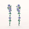 Elegant long earrings with blue-edged enamel flowers and green marquise gemstones - Blue