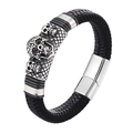 Punk woven black leather bracelet with silver skull charms and magnetic clasp for men - Skull / 21cm