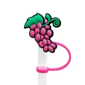 Pink cartoon grape silicone straw cover cap with green leaf and protective ring - Pink Grape-1704-55