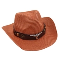 Close-up of orange-brown straw cowboy hat featuring a silver bull head metal ornament - One Size / Caramel color