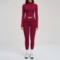 Completo yoga bordeaux da donna con top a zip e leggings a vita alta incrociata - S / Rosso Ciliegia