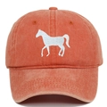 Close-up of vintage washed cotton orange baseball cap with white horse embroidery detail - Adjustable / Orange