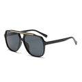 Black pilot sunglasses with gold top bar and plastic frame in a 45-degree side view - Black Frame Grey Lens