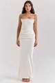 Detailed close-up of white satin corset bodice with boning structure and waist pleats - S / White
