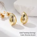 Elegant gold-plated teardrop hoop earrings with inlaid white zircons for women - Gold - Vertical Zirconia Teardrop (EH808)